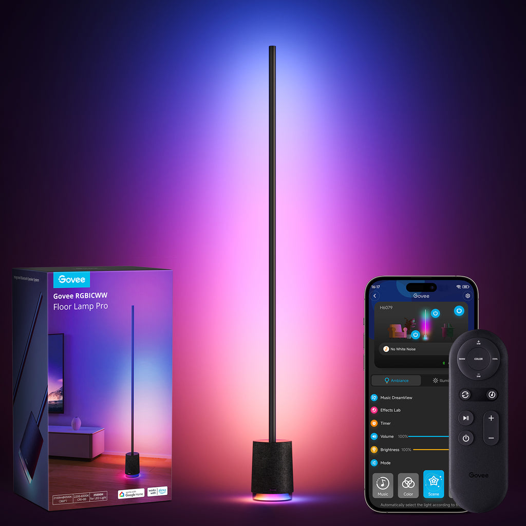 Color-changing black floor lamp with slim pole and fabric speaker base