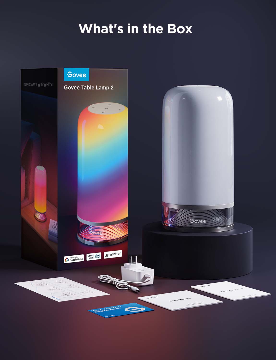 Govee smart table lamp with retail box and accessories shown