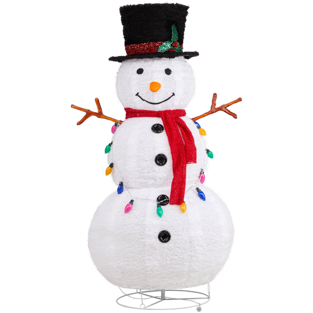 White plush snowman decoration with black top hat, red scarf, and multicolor light bulbs