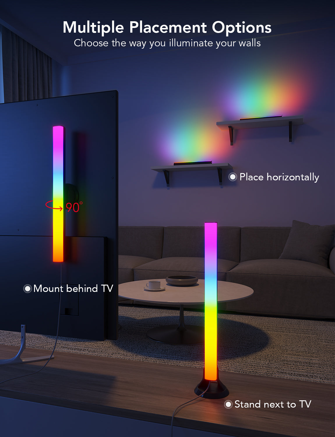 Two RGBIC TV light bars showing different placement: behind TV and standing next to it.