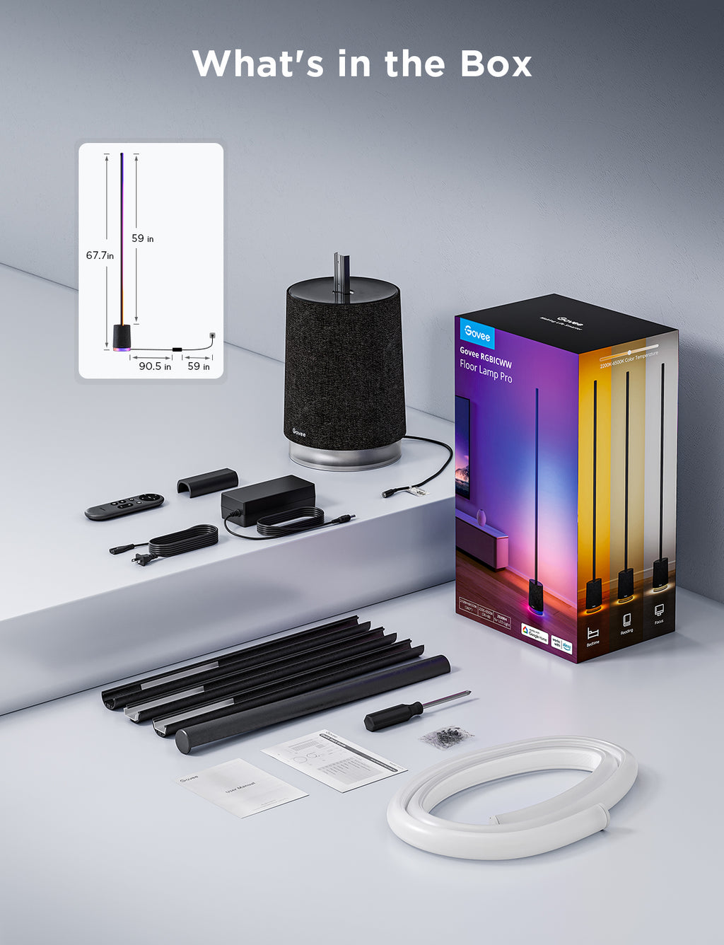 Govee floor lamp box contents: lamp, remote, mounts, power cable, accessories