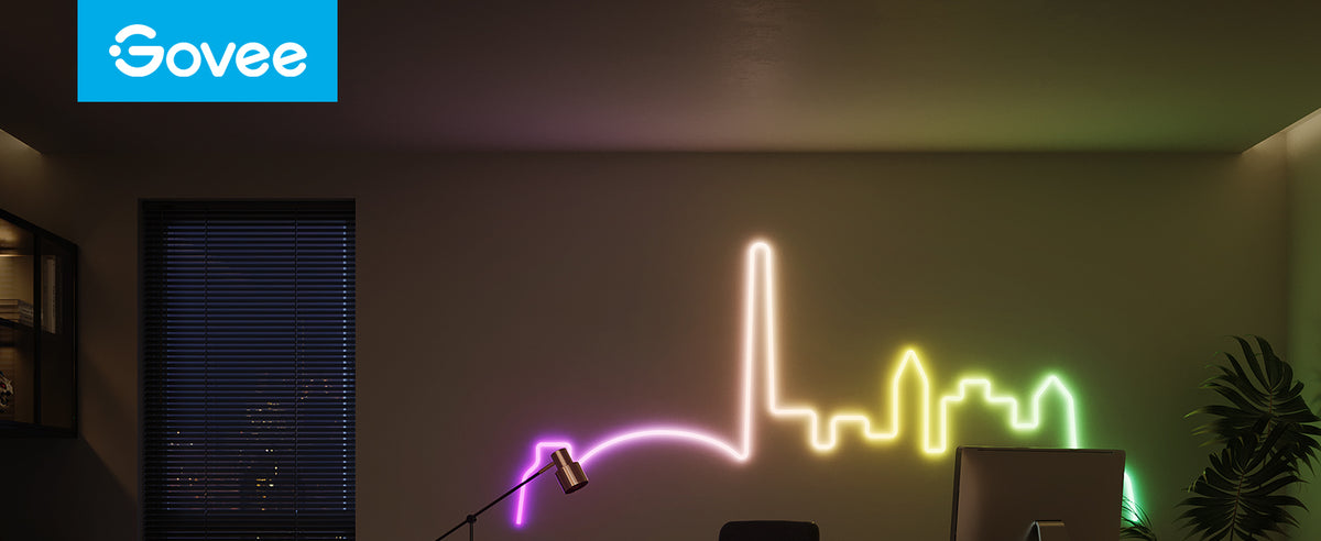 RGBIC neon rope light glowing waveform and icons overhead, flexible LED tubing
