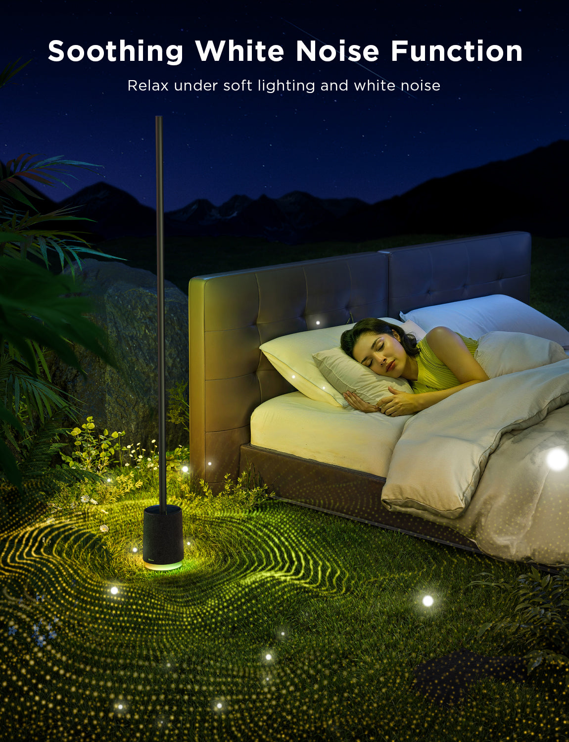 Black standing floor lamp with soothing white-noise light and vertical light pole