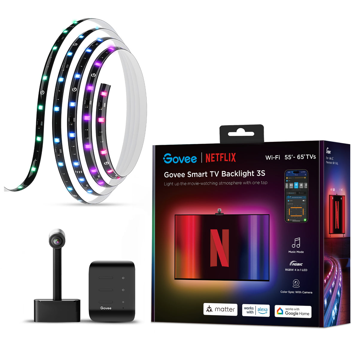 Govee TV backlight kit with LED strip, controller, camera, and retail box