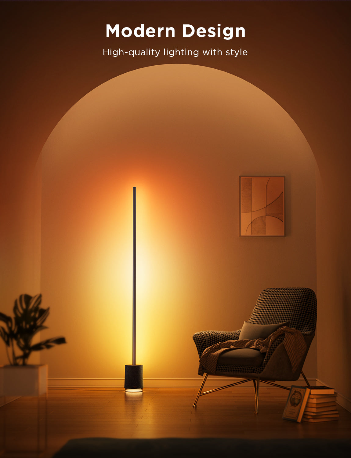 Govee RGBICWW floor lamp with slim black pole and glowing base