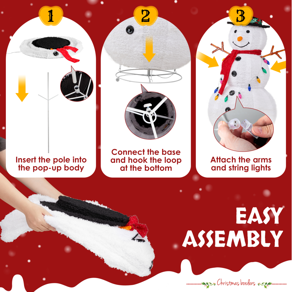 Snowman decoration assembly guide panel with step icons and plush snowman parts