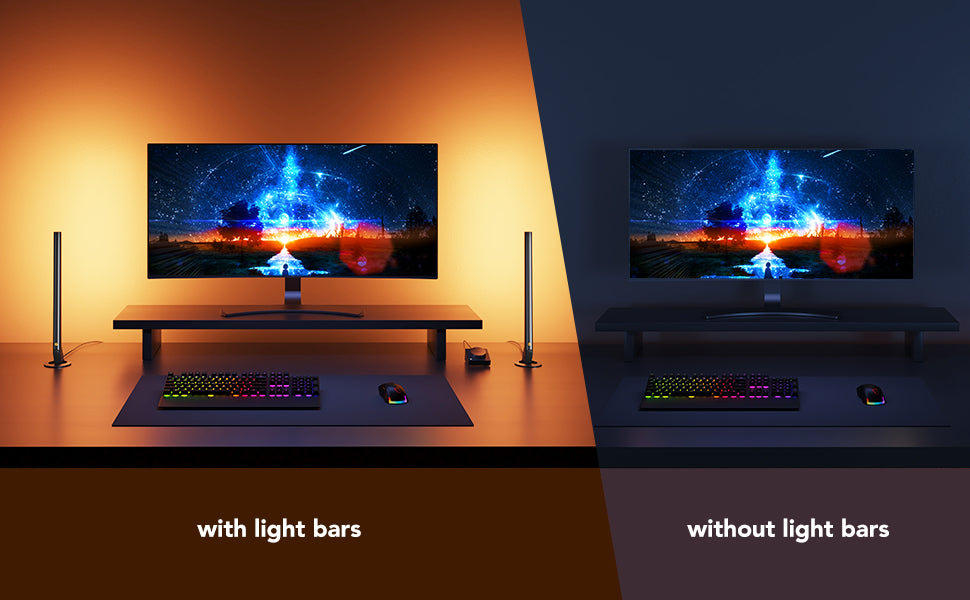 Twin RGB gaming light bars with bright glow, shown compared to no light bars
