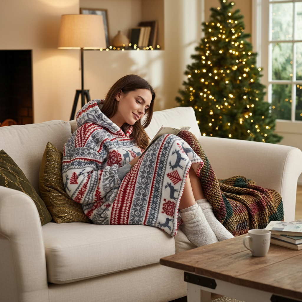 Oversized fleece blanket hoodie with red, gray, and white Nordic pattern, hood and sleeves