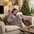 Oversized fleece blanket hoodie with red, gray, and white Nordic pattern, hood and sleeves