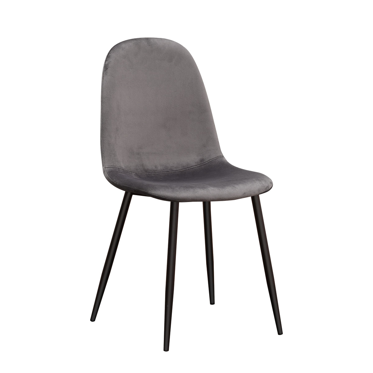 Grey velvet dining chair with black metal legs, rounded back and cushioned seat