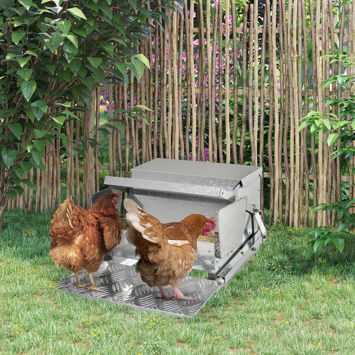 Automatic galvanized metal chicken feeder with lid over the feeding tray