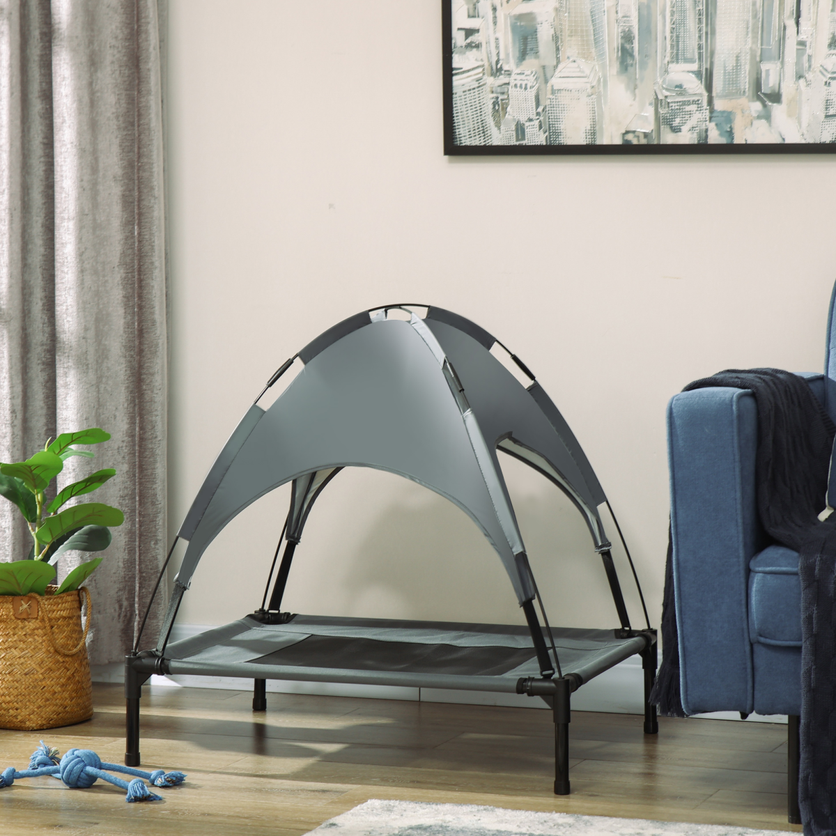 Grey elevated dog bed with removable UV canopy and raised mesh platform