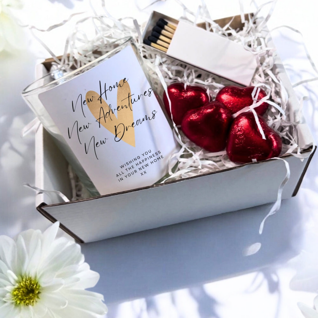 Gift set box with red heart chocolates and matchsticks inside