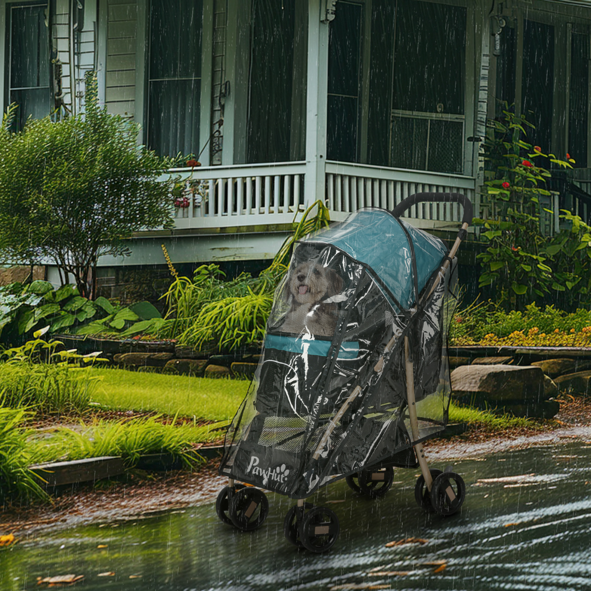 Foldable pet stroller with rain cover, teal canopy, dark mesh sides, four wheels