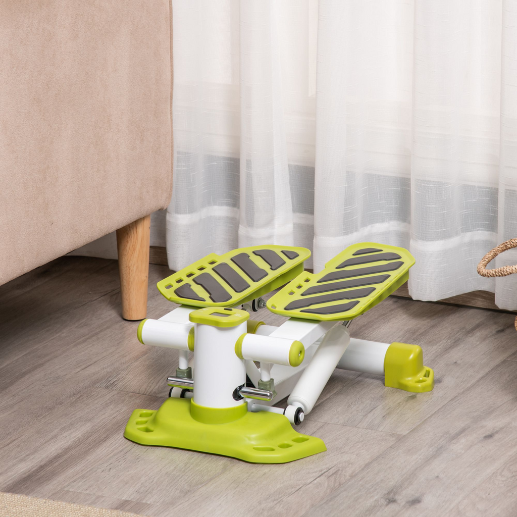 Yellow mini stepper with white frame and green anti-slip pedals, compact base for floors
