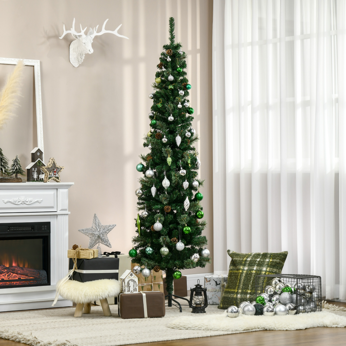 Slim green artificial Christmas tree with pine cones and green-and-white ornaments
