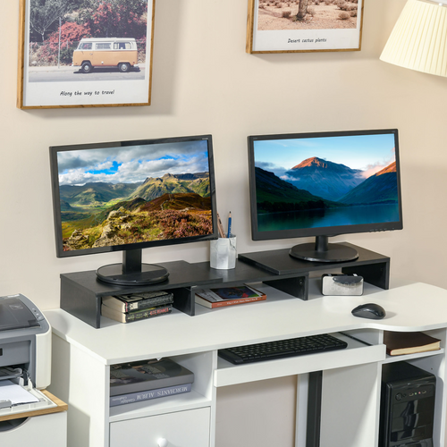 Adjustable dual monitor stand riser with two monitors and desk storage compartments