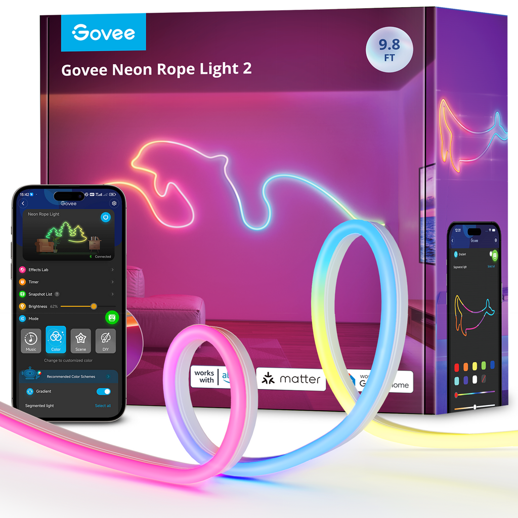 Govee RGBIC smart neon rope light, multicolor flexible LED rings with app on box