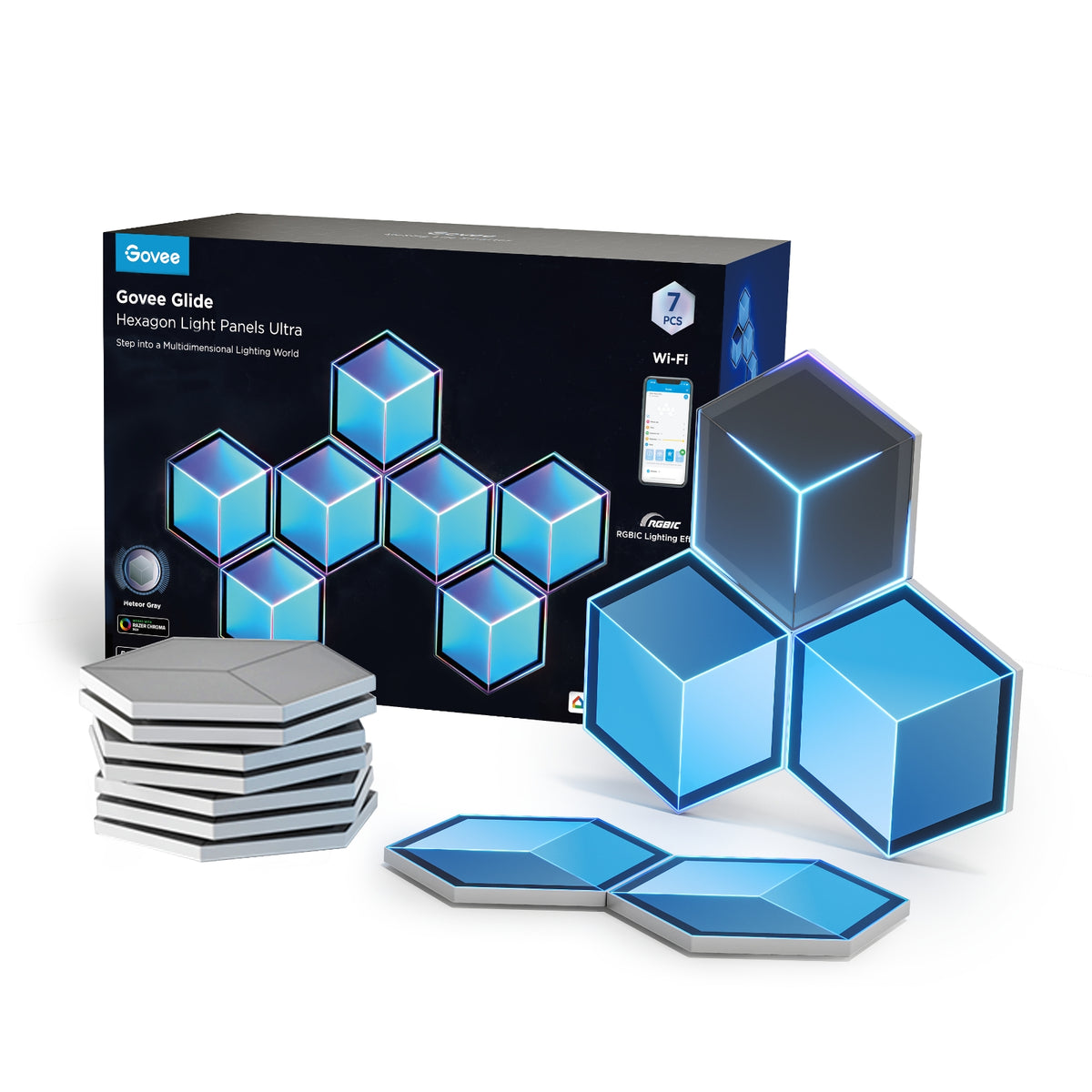 Govee hexagon LED light panel set with RGB glow and included hex panels (7-pack)