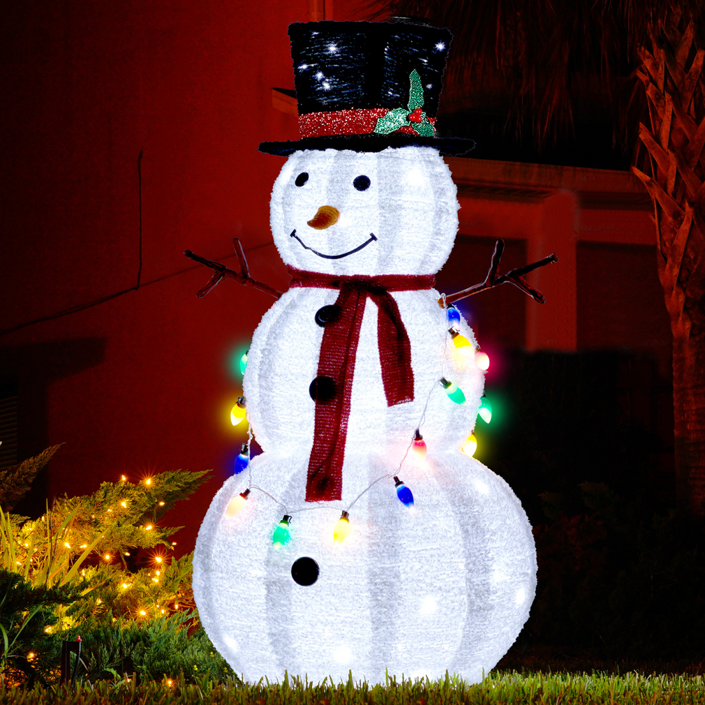 Lit white plush snowman with black top hat, red scarf, and glowing multicolor lights