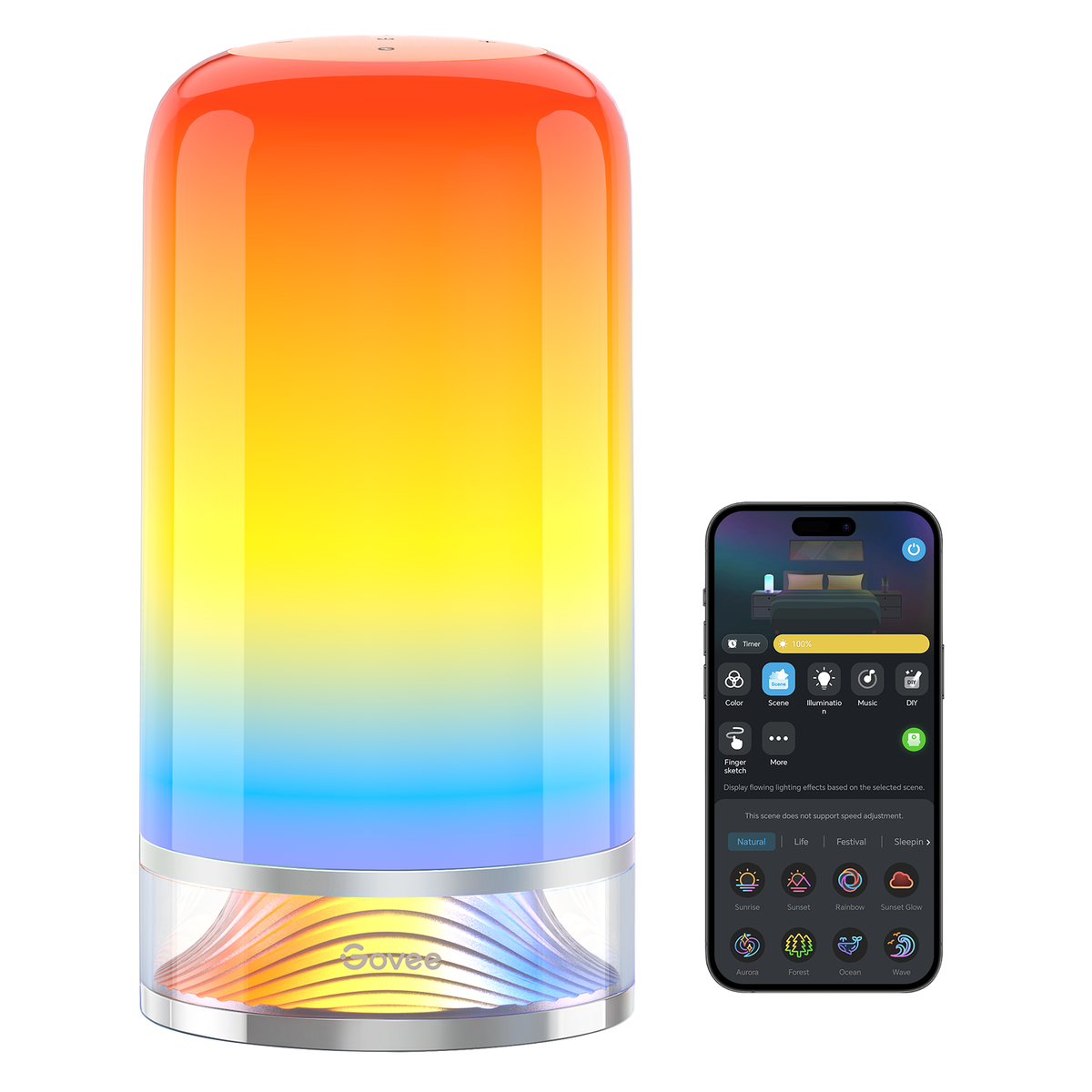 RGBIC smart table lamp with glowing orange, yellow, and blue gradient light