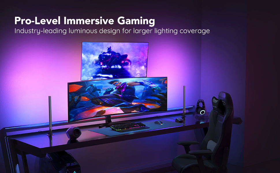 RGBIC gaming light bars, two slim LED bars glowing purple beside a monitor
