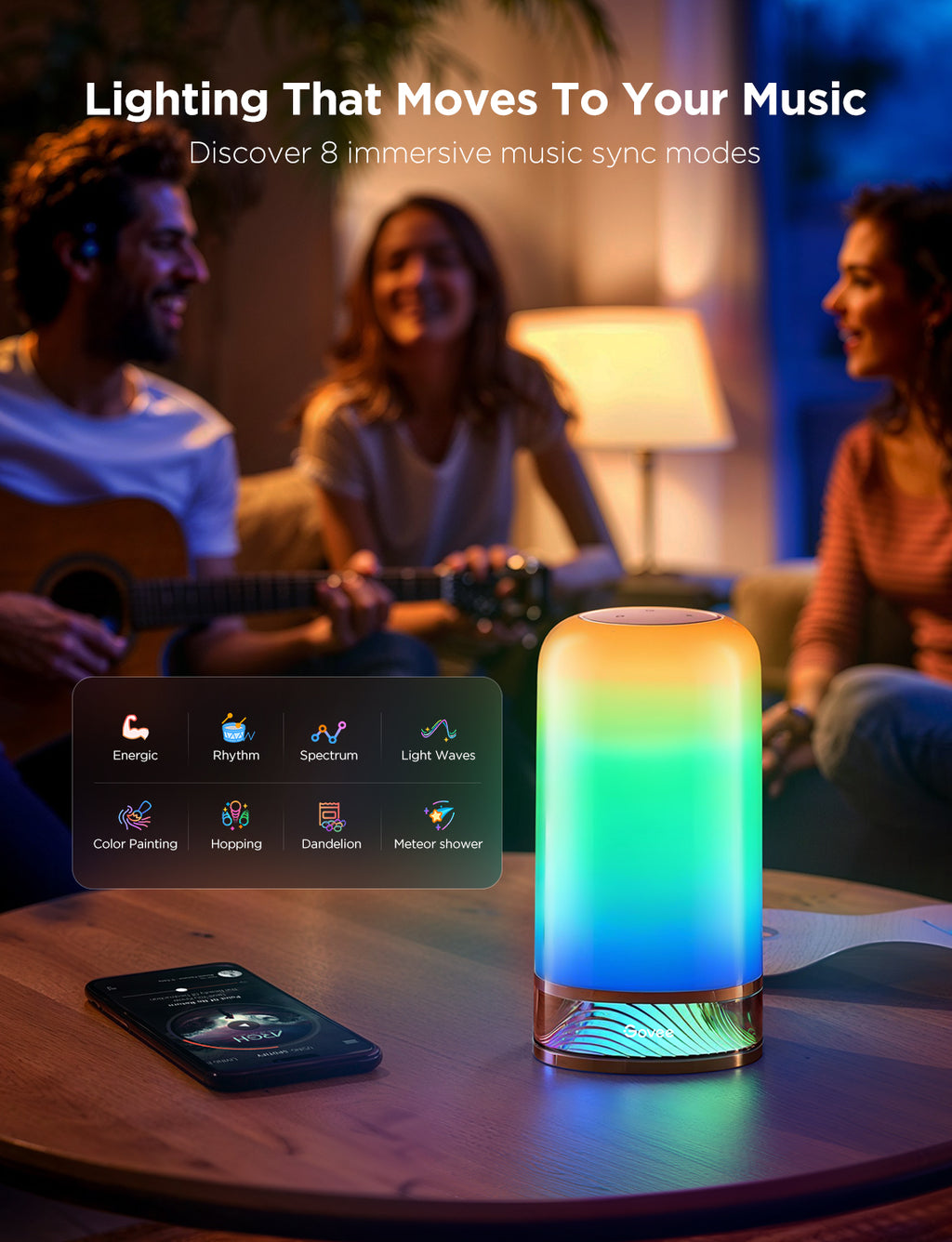 RGB smart table lamp with green-blue glow on a round table