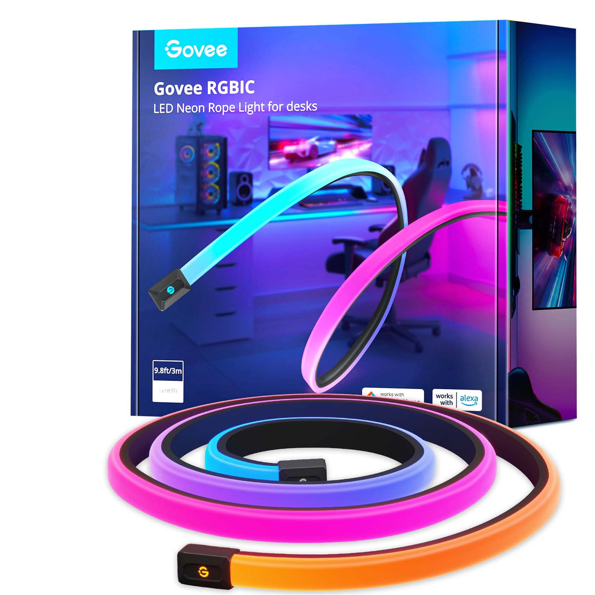 Govee RGBIC LED neon rope desk light set with controller and coiled RGB strips