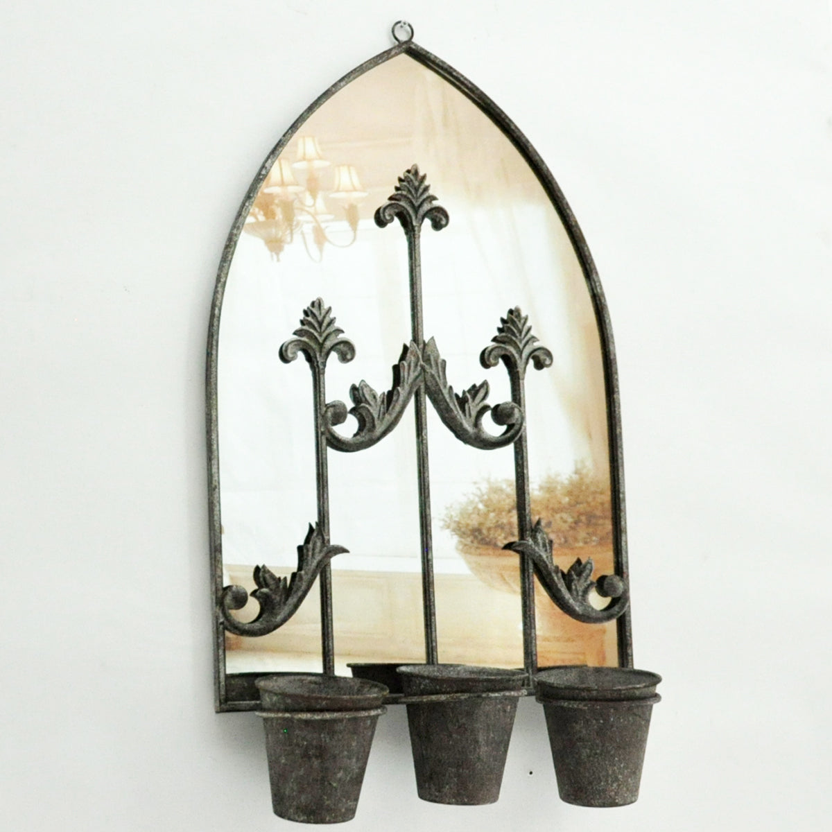 Arched metal wall mirror with triple planters, gray finish, with three empty pots