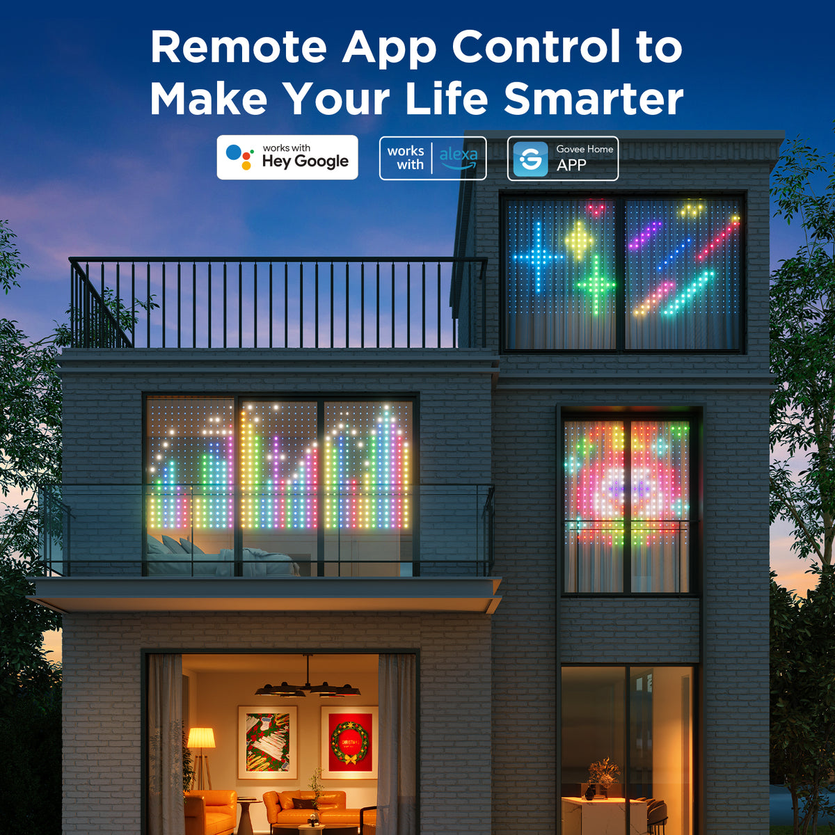 Wi‑Fi smart RGBIC LED curtain lights on a house facade, app-controlled colors