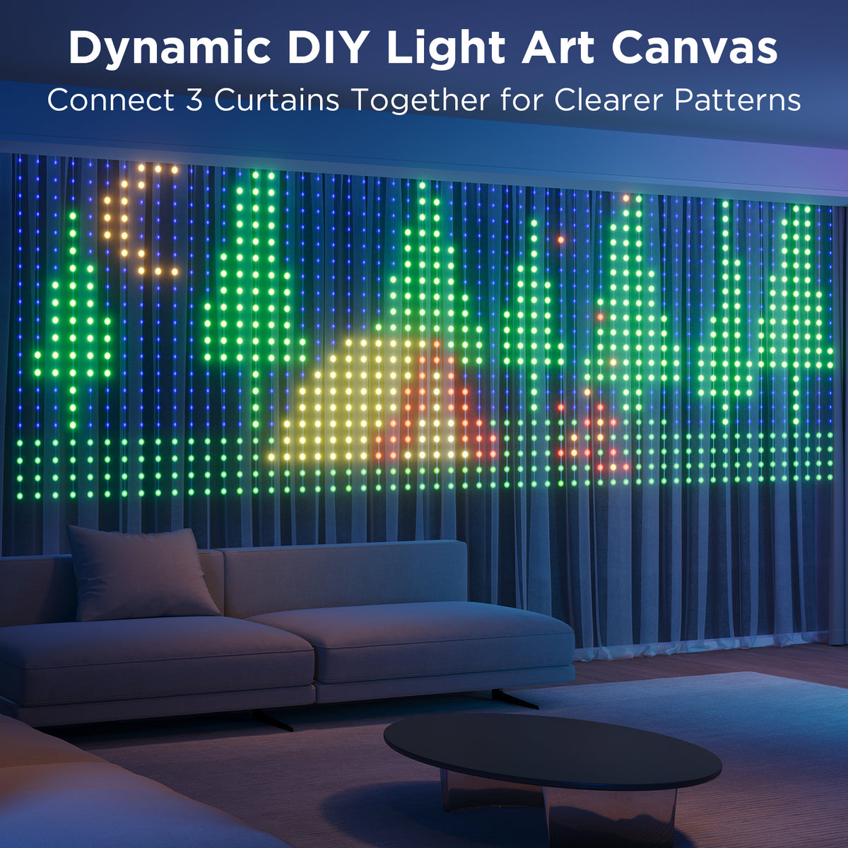 RGBIC curtain LED light panels forming clear pixel patterns across three curtains