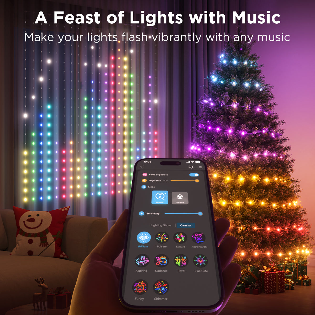 RGBIC curtain LED lights with multicolor vertical columns and app-controlled effects