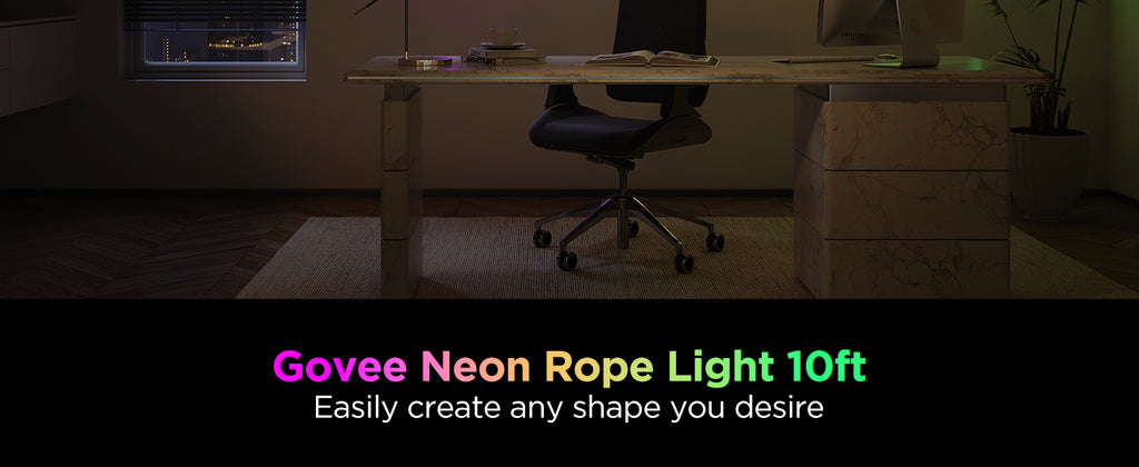 RGBIC neon rope light glowing curved line in living room near desk, flexible LEDs
