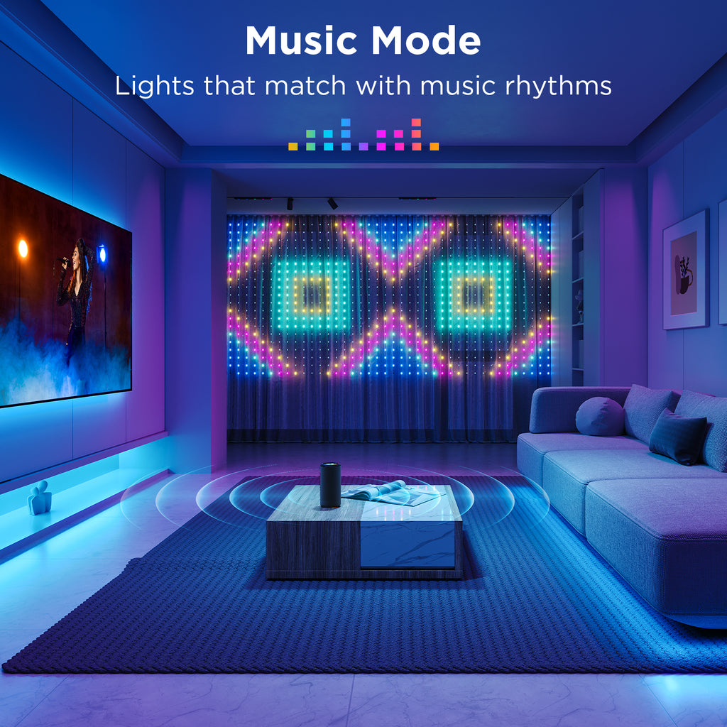 RGBIC LED curtain lights forming twin smiley-face dot patterns in music mode