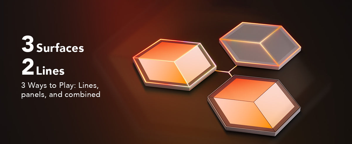 Hexagon LED panel layout showing 3 surfaces and 2 lines with RGB illumination effects