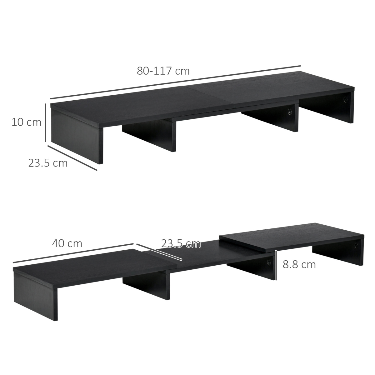 Adjustable monitor stand riser with open under-shelf design and angled supports