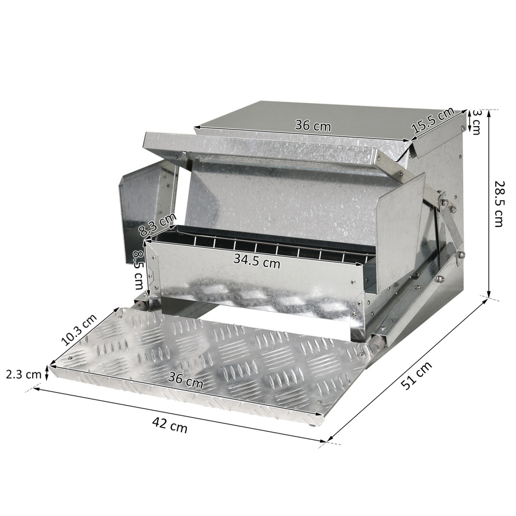 Galvanized steel chicken feeder with open trough and side latch, size view