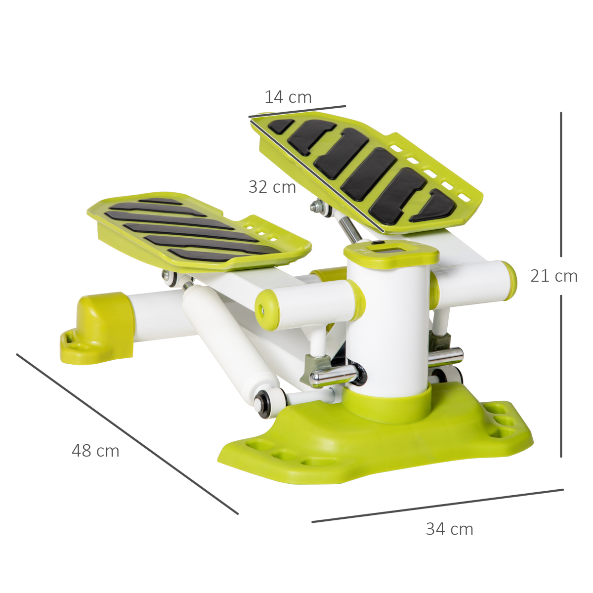 Yellow and white mini stepper with two angled foot platforms and base, with size markers