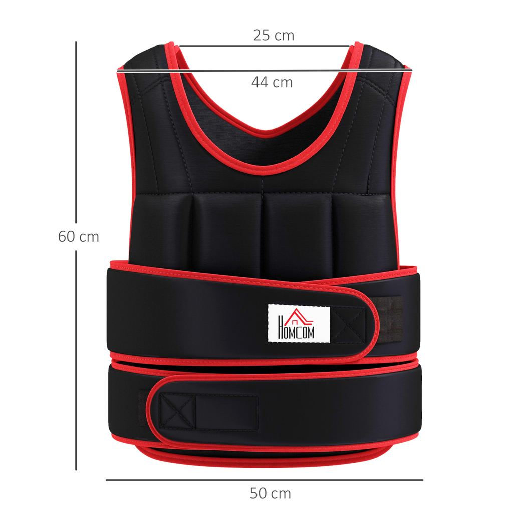 Black weighted vest with red piping and two front weight-bag rows, adjustable strap