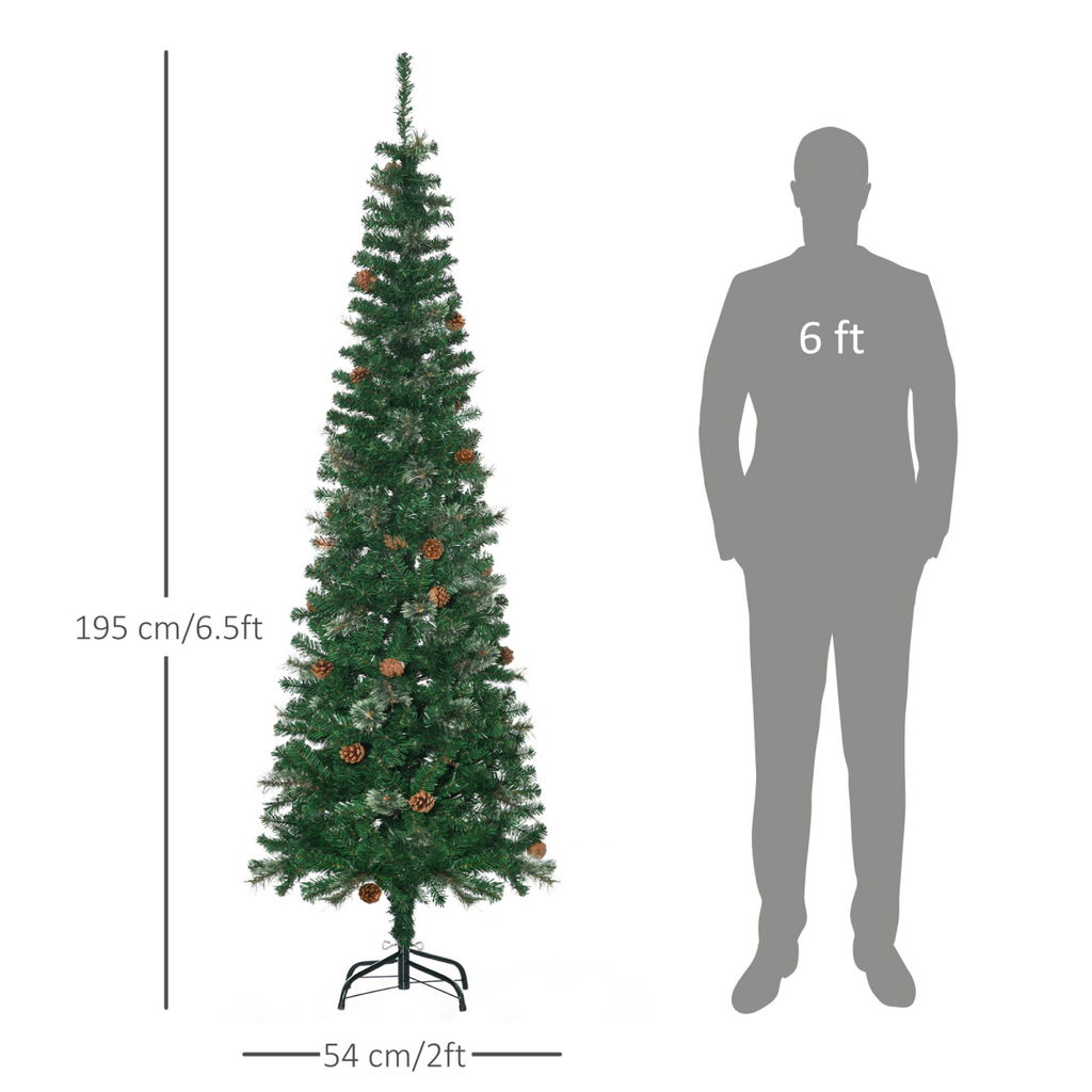 Slim green artificial Christmas tree with pine cones on a folding metal stand
