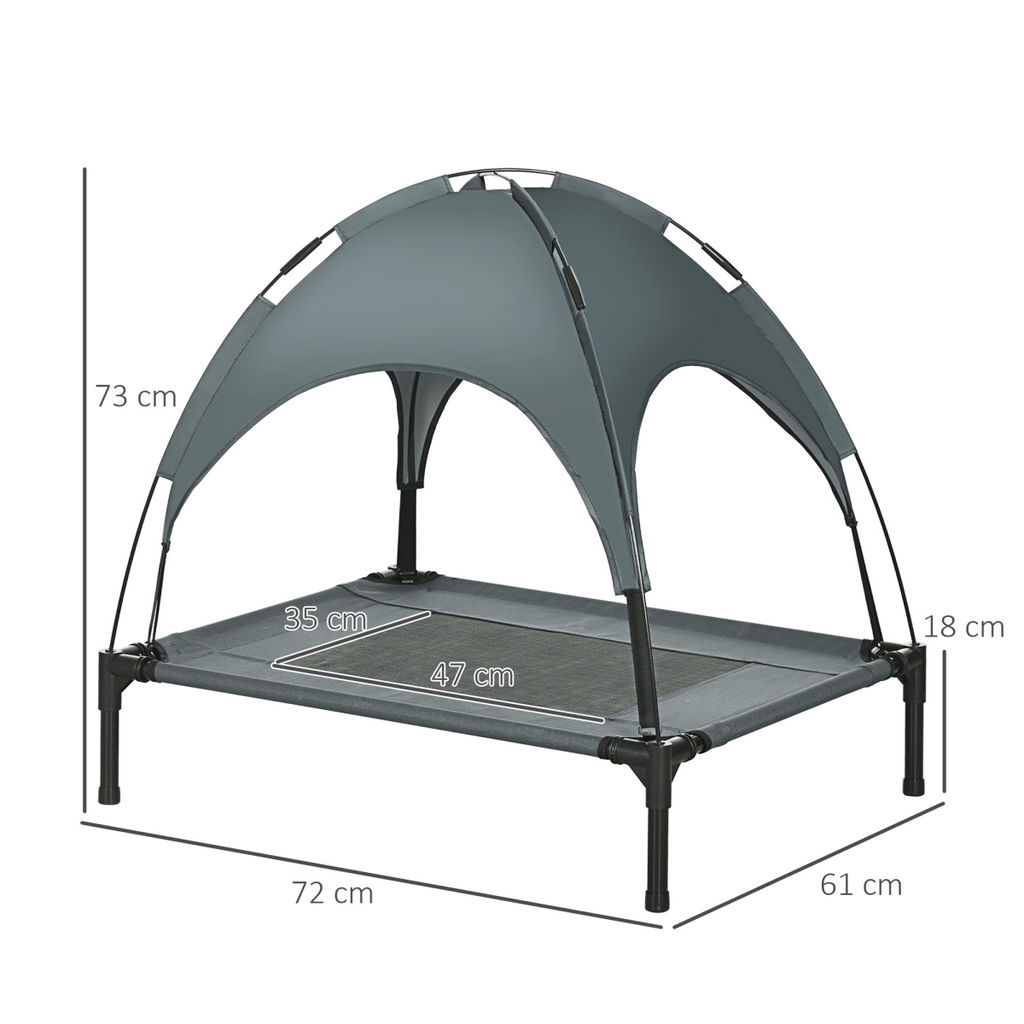 Grey elevated dog bed with UV canopy, raised mesh platform and frame