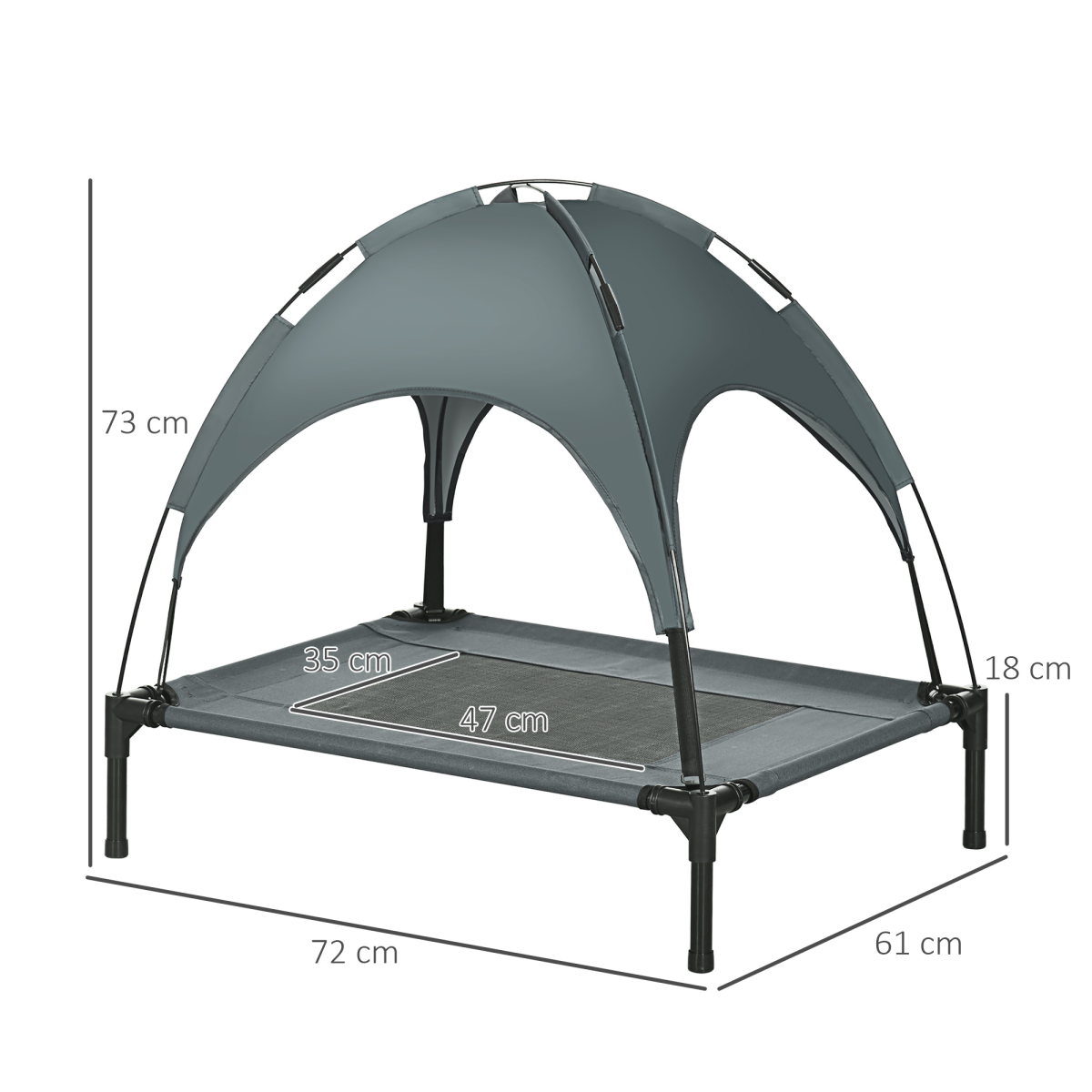 Grey elevated dog bed with UV canopy, raised mesh platform and frame