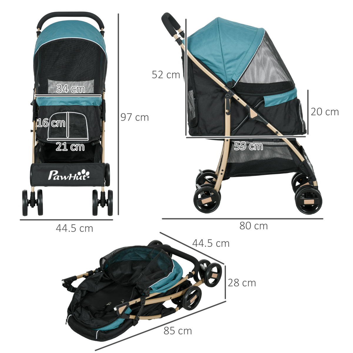 Foldable pet stroller with teal canopy and dark mesh body, light wood frame and wheels