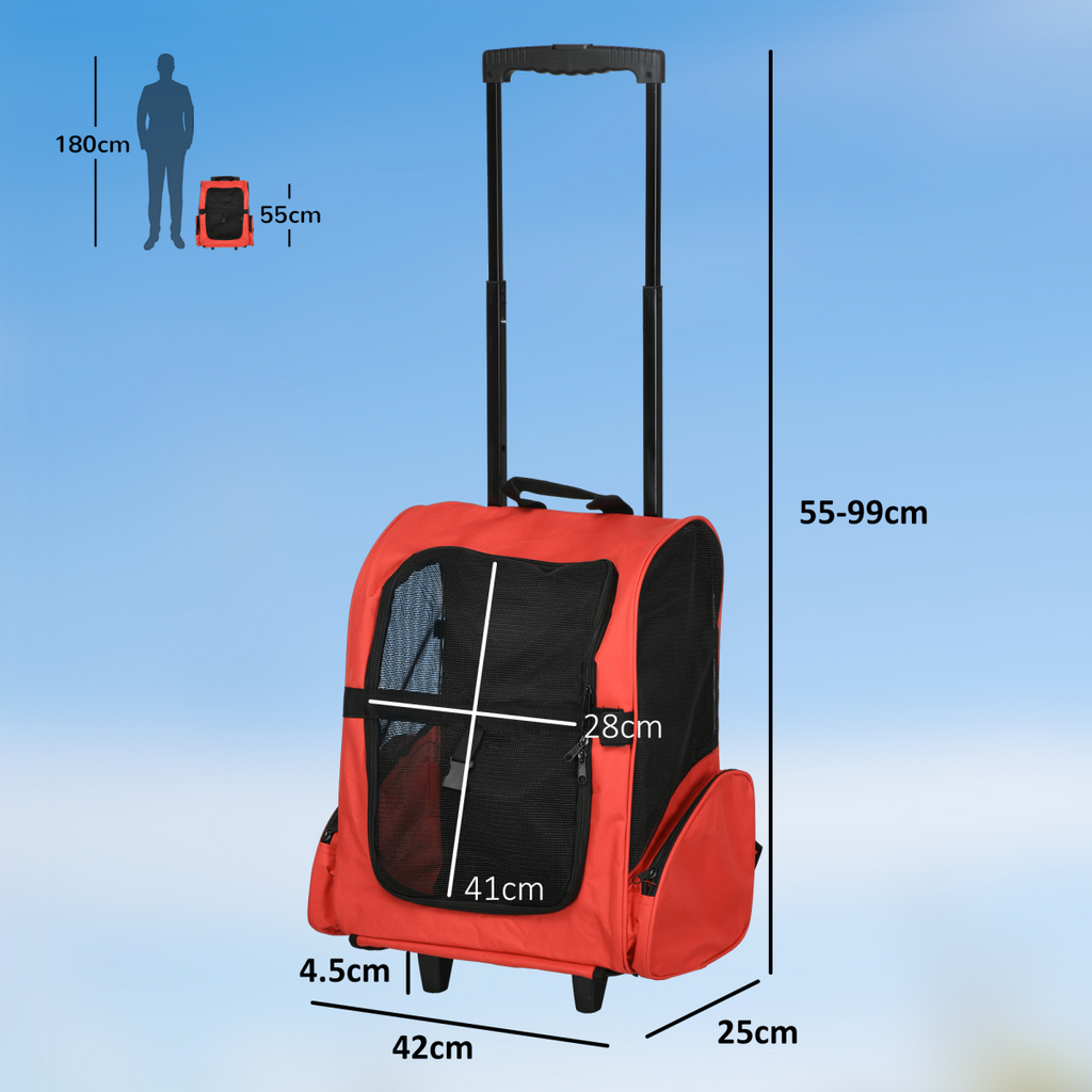 Red pet carrier backpack with wheels, front mesh window, and red side panels