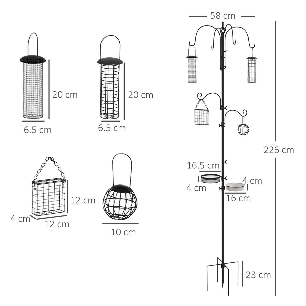 Black bird feeding station parts with size diagram: feeders, mesh tray, and hooks
