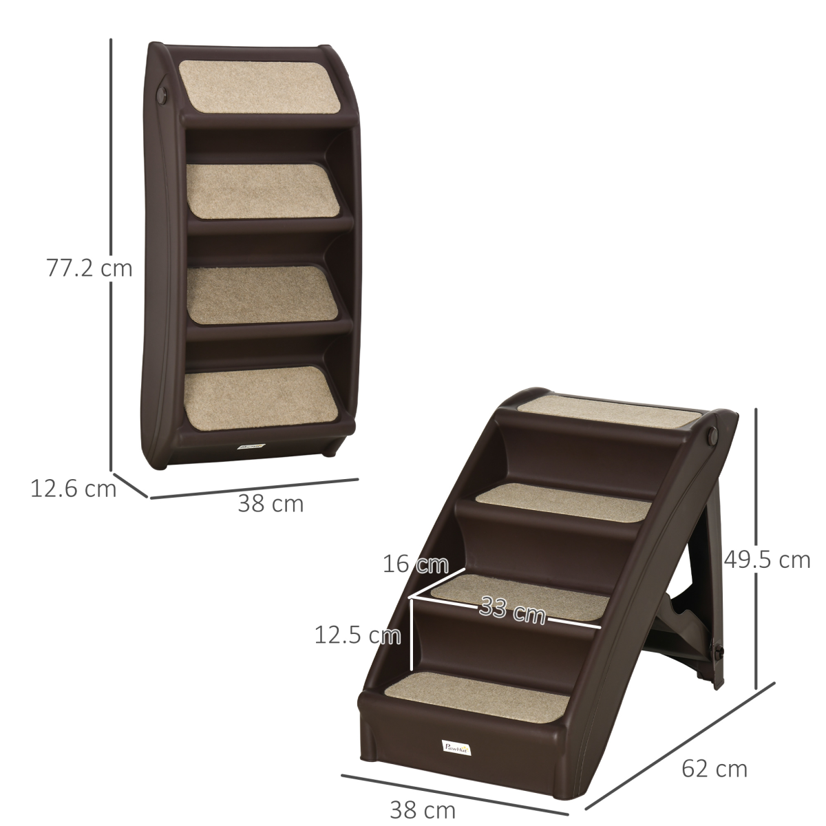 Foldable 4-step brown pet stairs with textured steps and labeled measurements