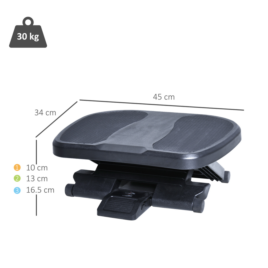 Under-desk footrest platform with height-adjust base, shown with size labels