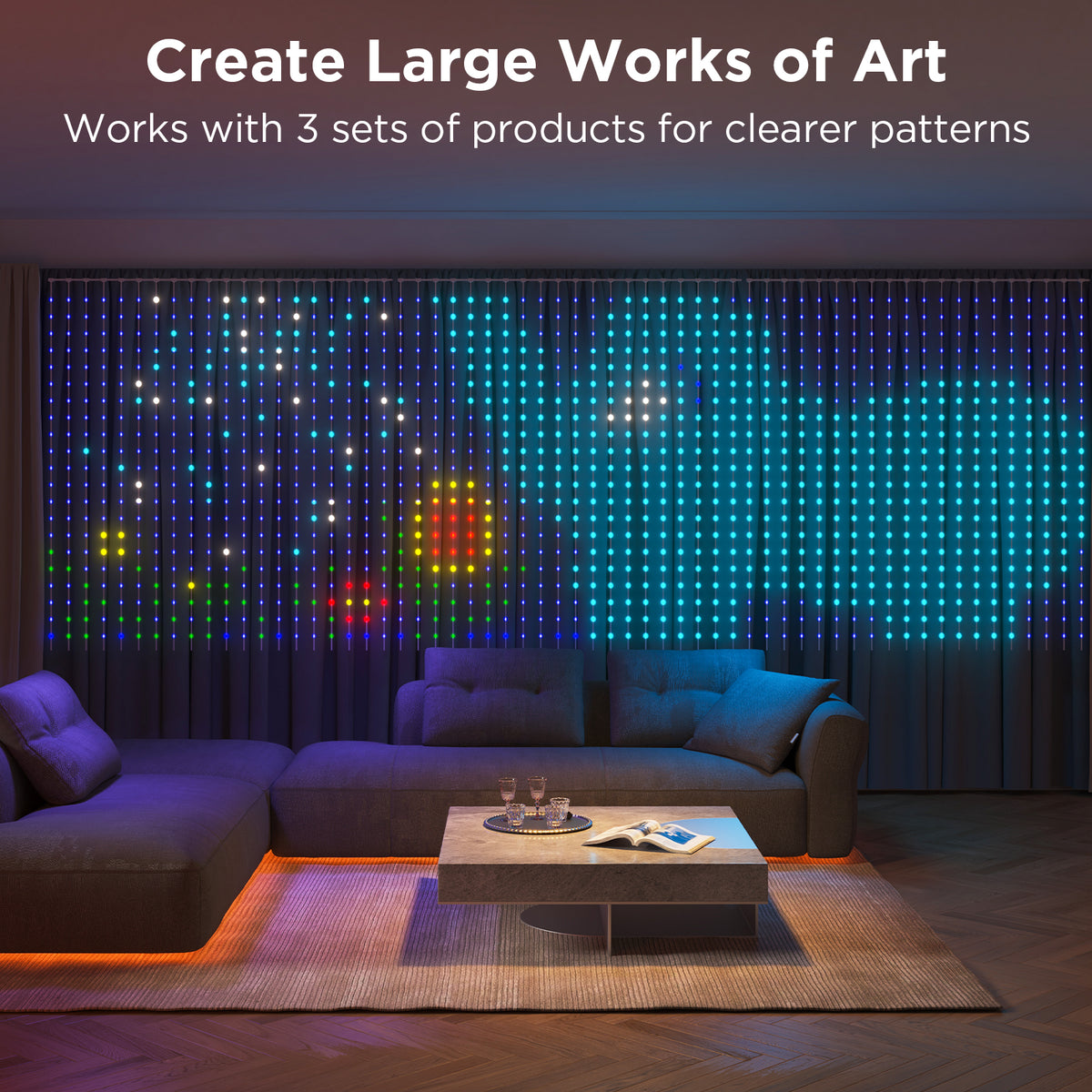 RGBIC smart curtain LED lights creating a large multicolor light canvas across windows