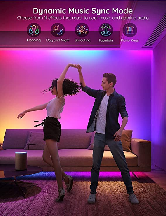 RGBIC LED strip light with dynamic music-synced purple and blue lighting