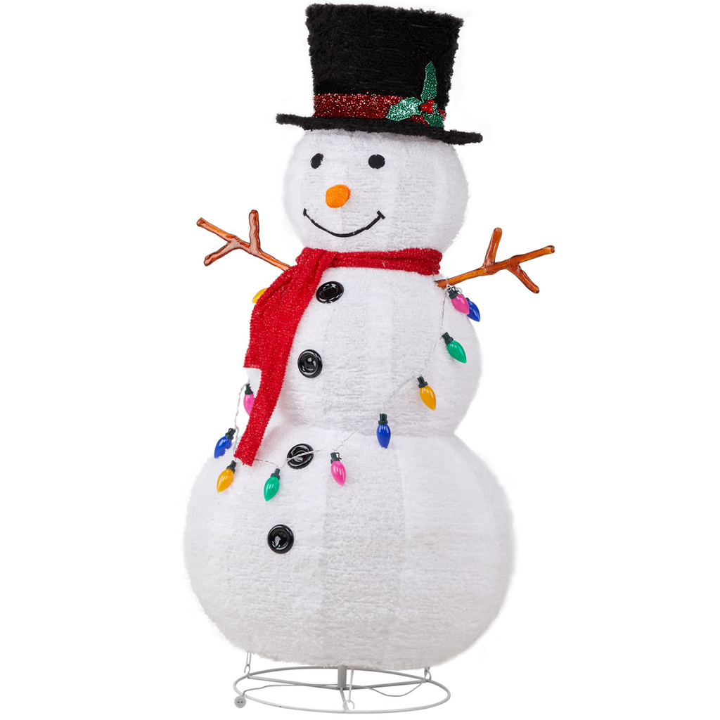 White plush snowman decoration with red scarf, twig arms, and hanging light bulbs